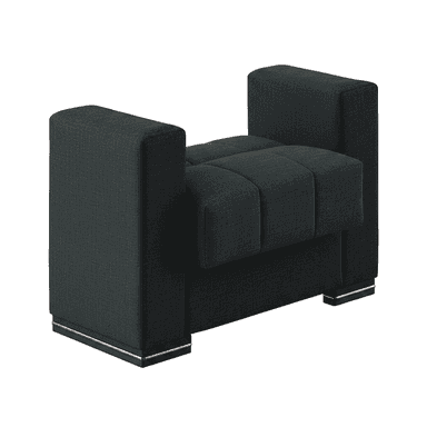 A modern upholstered bench featuring a channel-tufted seat and prominent, rectilinear arm-like structures on either side. The fabric is a dark grey or charcoal woven texture, and the base includes a silver or chrome metallic trim. — 3D model (AI enhanced source)