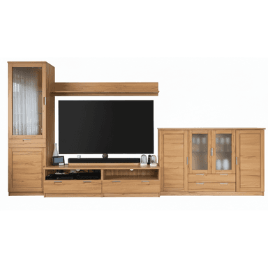 A comprehensive, modular living room wall unit and entertainment system, featuring a central TV console, multiple display cabinets, closed storage, and drawers, all in a light wood finish. — 3D model (AI enhanced source)
