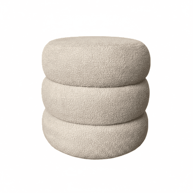 An off-white, cream-colored ottoman featuring a unique design composed of three stacked, rounded, cylindrical forms. It is upholstered in a textured bouclé fabric, giving it a soft and inviting appearance. The overall shape is sculptural and modern. — 3D model (AI enhanced source)