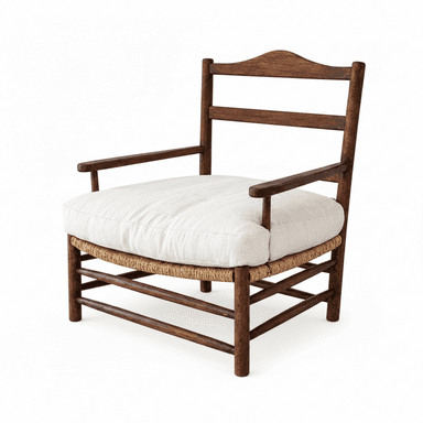A wooden armchair featuring a ladder back design and sturdy armrests. The seat is constructed with a woven rush base, topped with a thick, removable off-white fabric cushion. The wood has a rich, dark brown finish, highlighting its rustic aesthetic. — 3D model (AI enhanced source)
