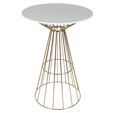 A modern bar table featuring a circular white tabletop supported by a conical, open wireframe base in a gold finish. The base consists of multiple vertical and horizontal metal rods creating a cage-like, architectural structure. — 3D model (AI enhanced source)