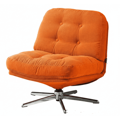 An armless swivel lounge chair featuring vibrant orange corduroy upholstery and a polished metal four-star base. The seat and backrest are deeply cushioned, with the backrest exhibiting button tufting. — 3D model (AI enhanced source)