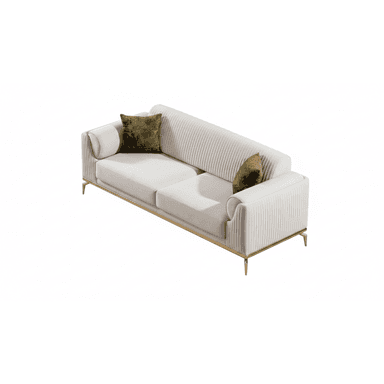 A modern three-seater sofa featuring plush light-colored upholstery, likely cream or off-white, with distinctive channel tufting on the armrests and backrest. The sofa is supported by a sleek, polished brass-finished metal frame that forms the base and extends into four tapered legs. Two olive green throw pillows are included. — 3D model (AI enhanced source)