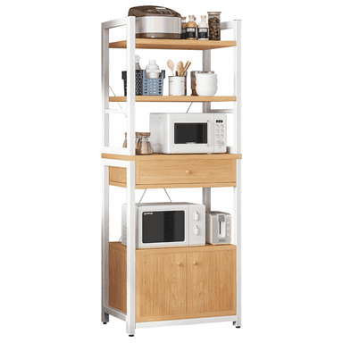 A tall, multi-functional kitchen storage unit featuring a white metal frame, light wood-grain shelves, a central pull-out drawer, and a lower two-door cabinet. It is designed to accommodate various kitchen appliances and provide organized storage. — 3D model (AI enhanced source)