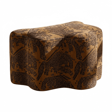 A plush, organically shaped ottoman, upholstered in a brown fabric with a dark, intricate tribal or animalistic pattern. Its base has a distinct wavy, undulating form, and it appears to be entirely covered in the same material without exposed legs. — 3D model (AI enhanced source)