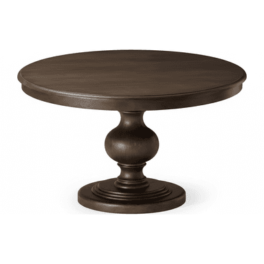 A dark brown round dining table featuring a solid top and a substantial turned pedestal base, resting on a tiered circular plinth. — 3D model (AI enhanced source)