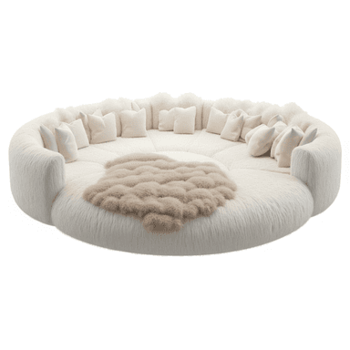 A large, circular, low-profile sofa upholstered in a dense, shaggy cream-colored fabric, featuring an integrated backrest lined with numerous square throw cushions and a central lower section that appears to be part of the seating surface. A smaller, contrasting light brown, shaggy throw is placed in the center. — 3D model (AI enhanced source)
