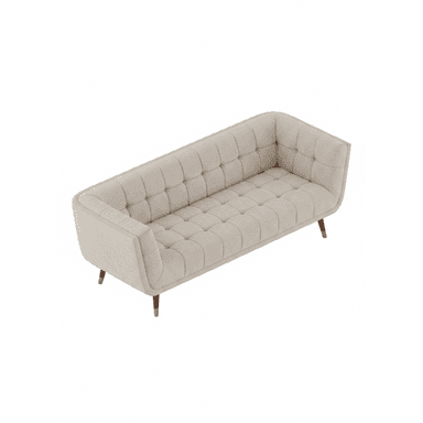 A contemporary three-seater sofa featuring deep button tufting across the back and seat, upholstered in a light beige fabric, and supported by tapered wooden legs with brass ferrules. — 3D model (AI enhanced source)