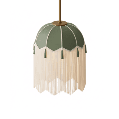 A decorative pendant light featuring a matte green dome shade with a scalloped edge, adorned with long ivory textile fringe and small green tassels. It is suspended by a brass-finished rod. — 3D model (AI enhanced source)
