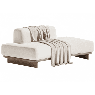 A contemporary upholstered chaise lounge featuring a low-profile design and a sturdy wooden base. The lounge has a long, extended seating surface with a fixed backrest on one side, all upholstered in a light beige fabric. A light grey throw blanket is draped over the seating area. — 3D model (AI enhanced source)