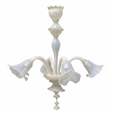 A decorative chandelier with multiple arms, each ending in a bell-shaped glass shade. The central body features stacked elements, with rope-like detailing on one section. The overall design suggests an ornate style. — 3D model (AI enhanced source)