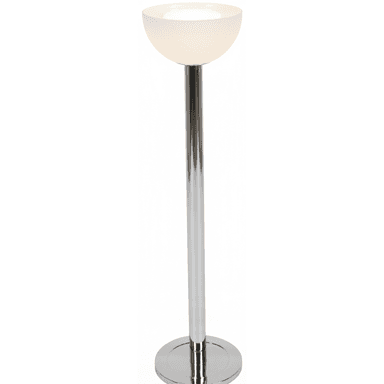 A modern floor lamp with a chrome-plated metal stand and a white, bowl-shaped shade. The lamp has a simple, minimalist design, featuring a single, slender vertical pole extending from a circular base. The shade is positioned at the top of the pole, emitting a diffused light. — 3D model (AI enhanced source)