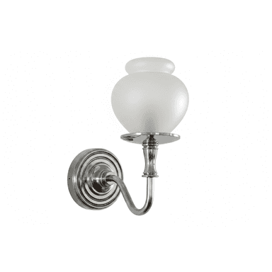 A polished nickel or chrome wall sconce featuring a frosted glass shade in an urn-like shape. The arm is gently curved, extending from a circular, fluted backplate, providing ambient or accent lighting. — 3D model (AI enhanced source)
