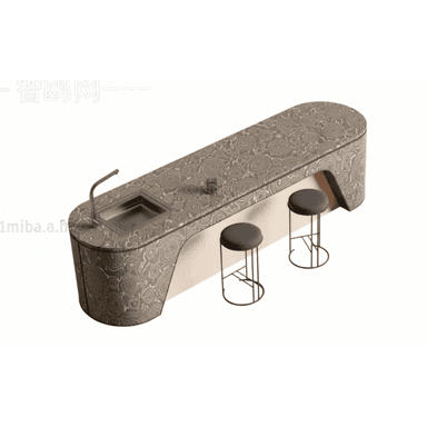 A modern kitchen island with a curved, elongated form. It features a patterned countertop with an integrated sink and faucet. The front and sides of the island have a textured, wood-grain-like pattern, while the interior section appears to be made of a lighter wood material. Two black bar stools with thin metal legs are positioned in front of the island. — 3D model (AI enhanced source)