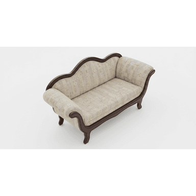 A traditional style chaise lounge featuring a dark, carved wooden frame and light-colored upholstered cushioning with a subtle pastel pattern. It has a high, curved backrest on one side and a lower, rolled armrest on the other. — 3D model (AI enhanced source)