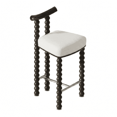 A bar stool with a dark wood frame and a light-colored upholstered seat. The frame features turned wooden legs with a series of rounded protrusions, giving it a distinctive bobbin or spindle design. The backrest is curved and made of the same dark wood. A metal footrest connects the front legs. — 3D model (AI enhanced source)