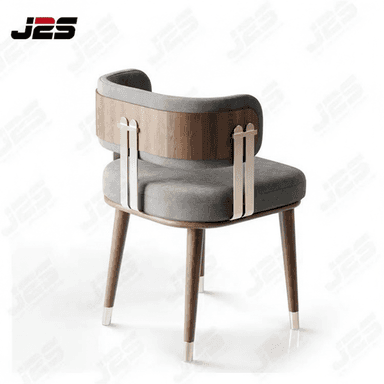 A contemporary dining armchair featuring a curved upholstered backrest and seat, an external wooden back panel, tapered wooden legs, and distinctive gold-toned metal accents. — 3D model (AI enhanced source)