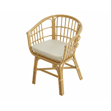 A natural-colored rattan armchair featuring a rounded backrest and integrated armrests, with a light cream-colored seat cushion. — 3D model (AI enhanced source)