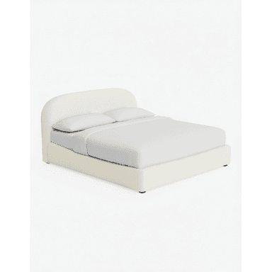 A contemporary platform bed featuring a fully upholstered frame and a gently curved or rounded headboard. The bed is covered in a light-colored, textured fabric, likely a boucle or similar weave, giving it a soft, inviting appearance. The design is minimalist, with the mattress sitting directly on the low-profile frame, and subtle, recessed feet. It is presented against a plain white background. — 3D model (AI enhanced source)