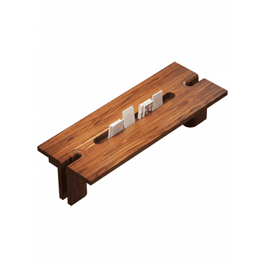 A rectangular coffee table crafted from solid, dark reddish-brown wood, featuring a long, recessed central channel for storage and two sculpted circular depressions at either end of the channel. The table stands on two thick, inverted T-shaped slab legs, emphasizing a robust and minimalist design. — 3D model (AI enhanced source)