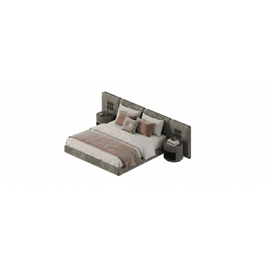 A contemporary upholstered platform bed featuring a wide, extended headboard that seamlessly integrates two round nightstands on either side. The bed frame and headboard are covered in a dark green, soft-textured fabric, suggesting velvet or suede. The headboard also incorporates electrical outlets or light switches, indicating functionality beyond mere aesthetics. The bedding consists of white sheets and pillows, accented with blush pink and light brown throw pillows and a matching throw blanket, contrasting with the dark green upholstery. — 3D model (AI enhanced source)