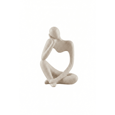 A beige, textured abstract sculpture depicting a seated human figure in a pensive pose, resting its head on one hand. The figure is stylized with smooth, minimalist lines and no distinct facial features, emphasizing form and posture. — 3D model (AI enhanced source)
