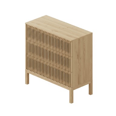 A modern chest of drawers featuring three drawers with a distinctive slatted wood front design. The piece is crafted from light-toned wood and stands on four simple, straight legs, creating an elevated and airy appearance. Its minimalist aesthetic emphasizes clean lines and natural materials. — 3D model (AI enhanced source)