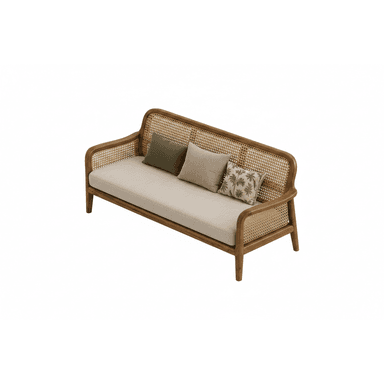 A contemporary three-seater sofa featuring a solid wood frame and natural cane webbing on the backrest and sides. It is equipped with thick, light beige upholstered seat cushions and comes with three accent pillows: two solid-colored (one olive green, one light beige) and one with a subtle botanical pattern. The wooden frame has gently curved armrests and straight legs. — 3D model (AI enhanced source)