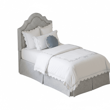An upholstered bed featuring a distinctive scalloped headboard and a matching skirted base, covered in a light grey patterned fabric. The bed is dressed with crisp white bedding that includes a duvet and pillow shams with scalloped edges and subtle light blue embroidery. An additional light blue, round, pleated accent pillow is also present. — 3D model (AI enhanced source)