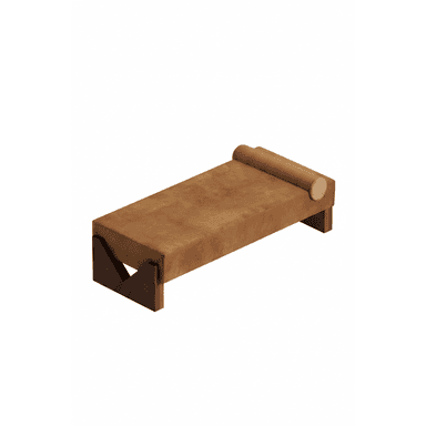 A modern daybed featuring a long, rectangular upholstered platform in a warm brown or camel tone, supported by a distinctive dark wood base with V-shaped legs. One end of the daybed includes an integrated cylindrical bolster cushion. — 3D model (AI enhanced source)