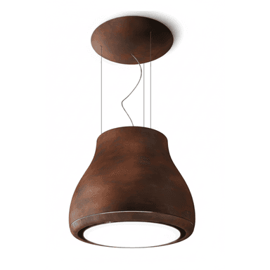 A bell-shaped pendant light with a distinctive rust-effect patina finish, suspended by multiple thin wires from a matching circular ceiling canopy. It features an integrated light diffuser at its base. — 3D model (AI enhanced source)