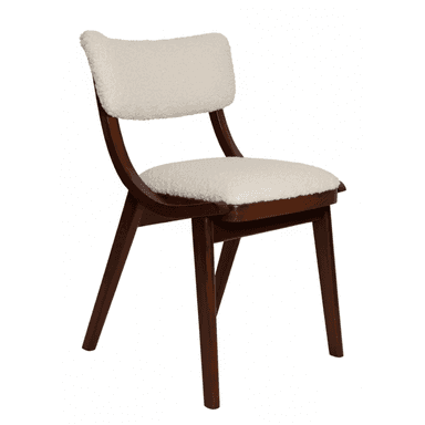 A contemporary armless chair featuring a dark brown wooden frame and a plush, cream-colored boucle upholstered seat and backrest. The design incorporates graceful curves in the back supports and subtly tapered legs. — 3D model (AI enhanced source)