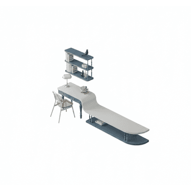 A contemporary desk and integrated display system featuring a blue frame with turned legs, a light grey writing surface, and an elongated, wave-like display extension. A matching wall-mounted three-tier shelving unit is also part of the set, alongside a light-colored chair with a woven seat and a desk lamp. — 3D model (AI enhanced source)