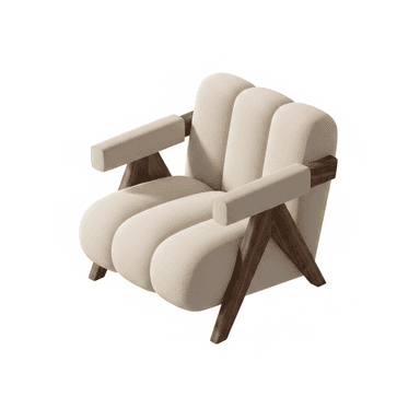 A contemporary armchair featuring deeply fluted cream-colored upholstery and an exposed, angular dark wood frame. The chair has a plush, rounded appearance with vertical channels forming the backrest and seat. The armrests are padded and covered in matching upholstery, supported by the striking V-shaped wooden frame components that also form the legs. — 3D model (AI enhanced source)
