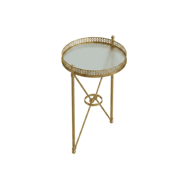 A small, ornate side table with a gilded metal frame and a round glass top. The frame is finished in a polished gold, featuring three slender legs that converge towards a decorative circular stretcher. The tabletop is rimmed with an intricate filigree design. — 3D model (AI enhanced source)