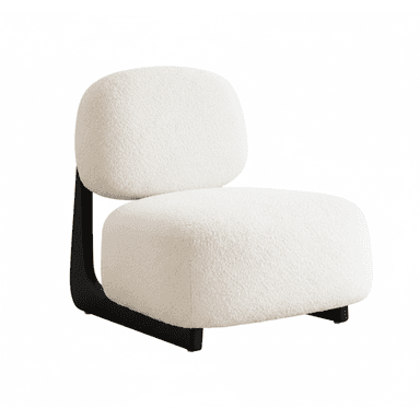 An armless, low-profile lounge chair featuring soft, rounded forms and upholstered in a textured off-white bouclé fabric. The seating and backrest cushions appear plush and inviting, supported by a distinctively shaped black base that provides a modern, minimalist foundation for the chair. — 3D model (AI enhanced source)