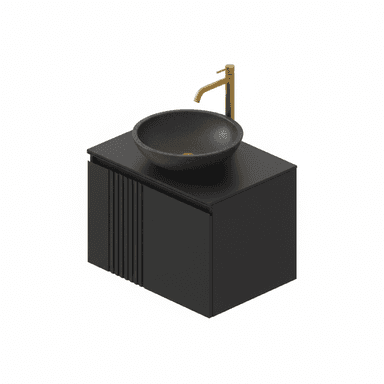 A modern vanity unit designed for bathrooms. It features a dark, matte-finished cabinet with vertical ribbed detailing on one side. A dark, textured bowl-shaped sink is mounted on the countertop, accompanied by a minimalist brass faucet. — 3D model (AI enhanced source)