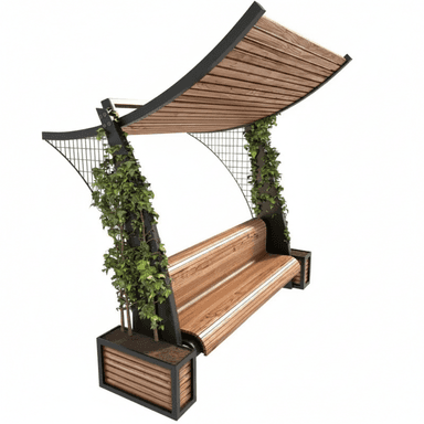 A modern outdoor bench featuring a slatted wooden seat, integrated planters at either end, and a dark metal frame. The frame supports an overhead canopy made of curved wooden slats and includes trellises up which greenery (likely ivy) grows from the planters. — 3D model (AI enhanced source)