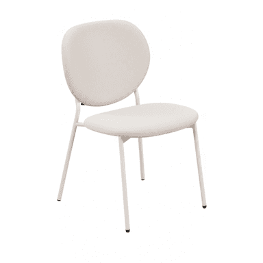 A contemporary dining chair featuring a light beige upholstered seat and a rounded backrest, supported by slender, matching beige metal legs. The design is minimalist and fluid, with no visible arms. — 3D model (AI enhanced source)