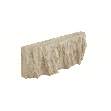 A console table featuring a minimalist rectangular top and a highly textured, irregular front surface, resembling a natural stone slab or rock formation. The material appears to be a light-colored stone composite. — 3D model (AI enhanced source)
