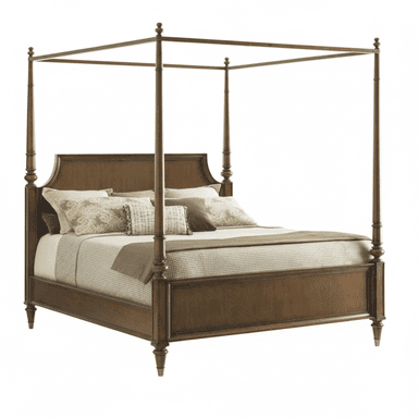 A traditional wooden four-poster bed with a medium brown finish. It features turned posts, an arched headboard, and molded side rails, giving it a classic and elegant appearance. The bed is shown with bedding and pillows, but no fabric canopy is installed. — 3D model (AI enhanced source)