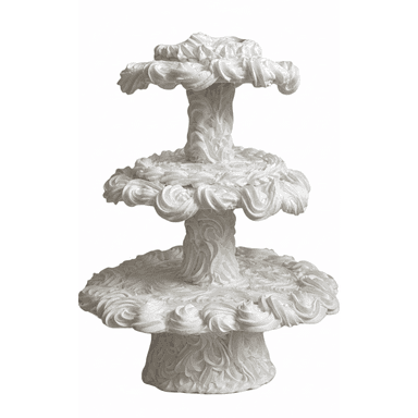 A white, three-tiered sculptural display stand characterized by its organic, highly textured surface. The stand features a central column supporting three circular platforms, each decreasing in size towards the top. The entire surface, including the base, column, and the edges of the platforms, is intricately sculpted with swirling, meringue-like, or cloud-like patterns, giving it a whimsical and artistic appearance. The finish is matte white. — 3D model (AI enhanced source)