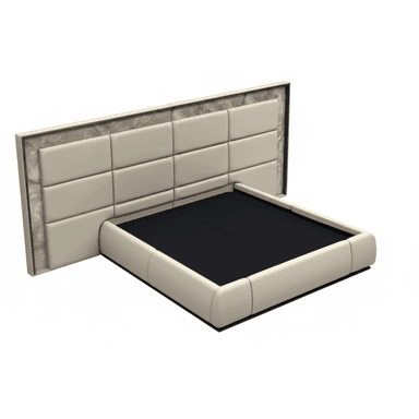 A modern platform bed featuring a generously padded, grid-patterned headboard integrated into a cream upholstered frame. The headboard is framed by a striking marble or stone-like trim. The platform base is also upholstered in cream, with a recessed black area indicating the mattress support. The overall aesthetic is one of contemporary luxury. — 3D model (AI enhanced source)
