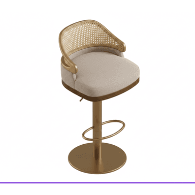 A sophisticated swivel bar stool featuring a brass-finished metal frame and disc base, a woven cane backrest, and an upholstered seat in a light, neutral fabric. It is height-adjustable with a hydraulic lift mechanism and includes a circular footrest. — 3D model (AI enhanced source)