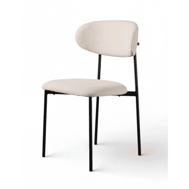 A modern side chair featuring a cream-colored, textured bouclé upholstery on its seat and backrest, supported by slender black metal legs. The backrest has a distinct curved, rounded shape. — 3D model (AI enhanced source)