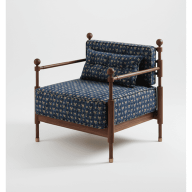 A contemporary armchair featuring an exposed dark wood frame with distinctive turned vertical posts and horizontal armrests, complemented by removable cushions upholstered in a vibrant dark blue and gold patterned fabric. The chair includes a seat cushion, back cushion, and a smaller lumbar cushion. The frame's legs are tapered and finished with small brass caps. — 3D model (AI enhanced source)