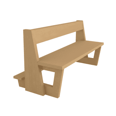 A digital render of a modern, minimalist bench constructed from a light-colored wood-like material, featuring a solid backrest and a wide seat. The design is characterized by its clean lines and angular supports, creating an open base structure. The material appears to be a composite wood, possibly plywood or MDF, given its uniform texture and hue. — 3D model (AI enhanced source)