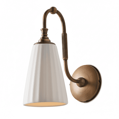 An aged brass wall sconce featuring a curved 'gooseneck' arm and a flared, fluted ceramic shade. The brass hardware has a brushed or antiqued finish, and the arm includes ribbed detailing. The shade is white and directs light downwards and outwards. — 3D model (AI enhanced source)
