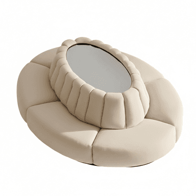 A low-profile, circular upholstered coffee table featuring a segmented padded base in a cream-colored textile. It has a raised oval-shaped central section with vertical channel tufting that houses an integrated mirrored surface. — 3D model (AI enhanced source)