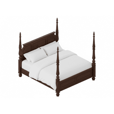 A traditional four-poster bed crafted from dark brown wood. It features four tall, turned and carved posts with finials, and a matching headboard and footboard with recessed panels. The bed is shown with simple white bedding. — 3D model (AI enhanced source)